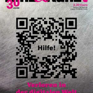 Ein QR-Code mit der Aufschrift "Hilfe!". Titelzeile: "Verloren in der digitalen Welt"