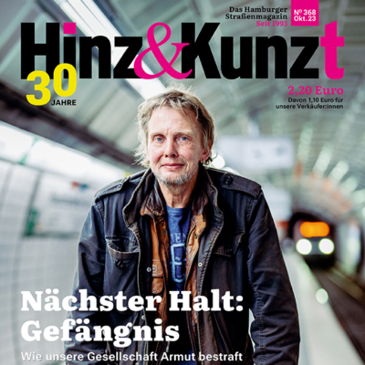Ein Mann mit Rollator steht an einem U-Bahnsteig. Titelzeile: "Nächster Halt: Gefängnis"