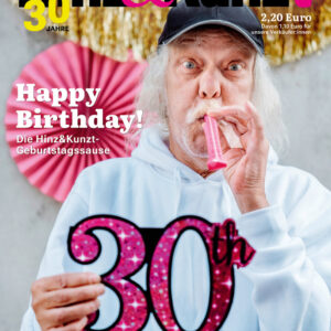 Ein weißhaariger Mann pustet in eine Papiertröte und hält eine 30 in der Hand. Titelzeile: "Happy Birthday!"