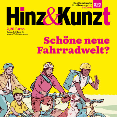 Illustration von Menschen auf Fahrrädern, Titelzeile: "Schöne neue Fahrradwelt?"