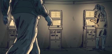 Sportwettanbieter sind auf dem Fußball kaum noch wegzudenken. Was für die Glücksspielunternehmen ein lohnendes Geschäft ist, kann für Spieler:innen fatal sein. Illustration: Wolfgang Wiler