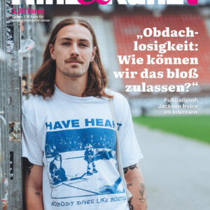Foto von Jackson Irvine in einem Stadion, Titelzeile: „Wie können wir Obdachlosigkeit bloß zulassen?“