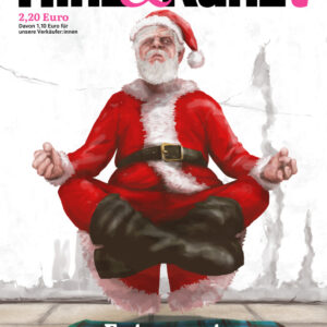 Ein Weihnachtsmann schwebt in Yogi-Pose, Titelzeile: "Entspannt euch!"