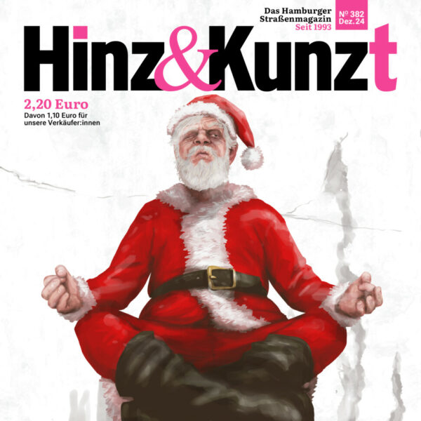Ein Weihnachtsmann schwebt in Yogi-Pose, Titelzeile: "Entspannt euch!"