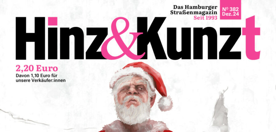 Ein Weihnachtsmann schwebt in Yogi-Pose, Titelzeile: "Entspannt euch!"
