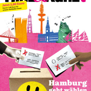 Eine Illustration einer Wahlurne, zwei Hände halten Wahlzettel in der Hand