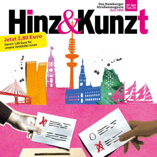 Eine Illustration einer Wahlurne, zwei Hände halten Wahlzettel in der Hand