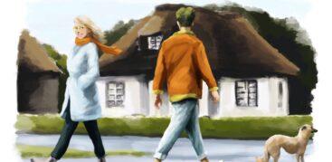 Eine Illustration zeigt eine Mann und eine Frau, die vor einem Einfamilienhaus aneinander vorbeigehen