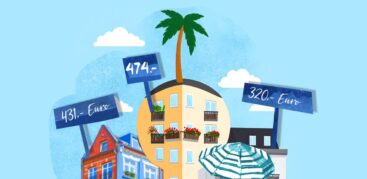 Eine Illustration mit vielen Wohnungen und Schildern mit teuern Preisen