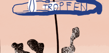 Eine Illustration, auf der "Tropfen" steht, darunter ein dampfender Stein