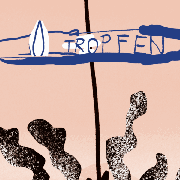 Eine Illustration, auf der "Tropfen" steht, darunter ein dampfender Stein