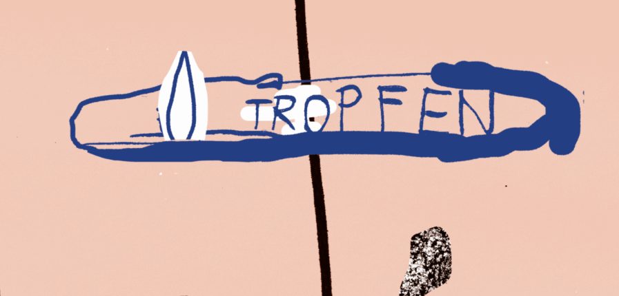 Eine Illustration, auf der "Tropfen" steht, darunter ein dampfender Stein