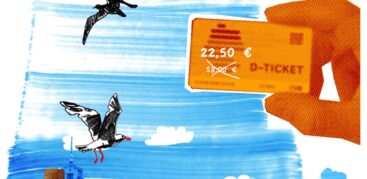 Eine Illustration einer Scheckkarte, darauf steht "D-Ticket" und durchgestrichen "58 Euro", ersetzt durch "22,50 Euro"