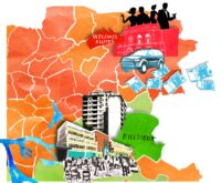 Hamburg der Gegensätze: Großwohnsiedlungen hier, Eigenheime mit Gärten dort. Illustration: Julia Pfaller