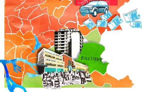 Hamburg der Gegensätze: Großwohnsiedlungen hier, Eigenheime mit Gärten dort. Illustration: Julia Pfaller