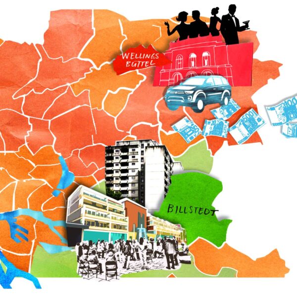 Hamburg der Gegensätze: Großwohnsiedlungen hier, Eigenheime mit Gärten dort. Illustration: Julia Pfaller