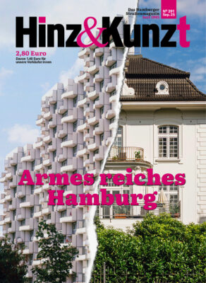 Geteiltes Bild, links ein Hochhaus, rechts eine Villa. Titelzeile: "Armes reiches Hamburg"