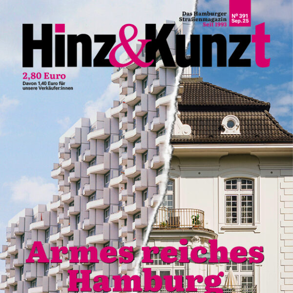 Geteiltes Bild, links ein Hochhaus, rechts eine Villa. Titelzeile: "Armes reiches Hamburg"