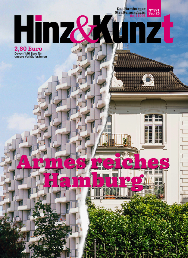 Geteiltes Bild, links ein Hochhaus, rechts eine Villa. Titelzeile: "Armes reiches Hamburg"
