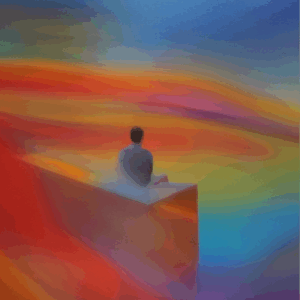 Das Bild zeigt eine Person, die auf einer erhöhten Plattform sitzt und auf einen weiten, farbenfrohen Horizont blickt. Die Farbpalette des Bildes ist sehr lebendig und reicht von warmen Rottönen und Orangetönen bis hin zu kühlen Blau- und Violetttönen, was eine atmosphärische und nachdenkliche Stimmung erzeugt. Es könnte sich um eine Darstellung von Kontemplation, Ruhe oder dem Blick in die Zukunft handeln.