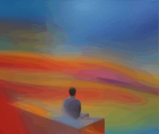 Das Bild zeigt eine Person, die auf einer erhöhten Plattform sitzt und auf einen weiten, farbenfrohen Horizont blickt. Die Farbpalette des Bildes ist sehr lebendig und reicht von warmen Rottönen und Orangetönen bis hin zu kühlen Blau- und Violetttönen, was eine atmosphärische und nachdenkliche Stimmung erzeugt. Es könnte sich um eine Darstellung von Kontemplation, Ruhe oder dem Blick in die Zukunft handeln.