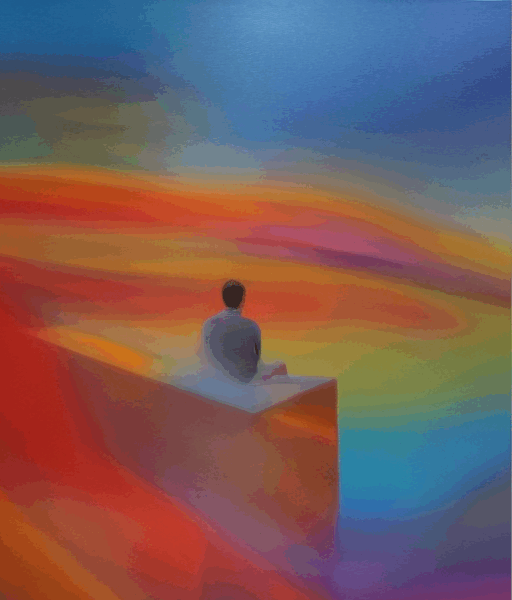 Das Bild zeigt eine Person, die auf einer erhöhten Plattform sitzt und auf einen weiten, farbenfrohen Horizont blickt. Die Farbpalette des Bildes ist sehr lebendig und reicht von warmen Rottönen und Orangetönen bis hin zu kühlen Blau- und Violetttönen, was eine atmosphärische und nachdenkliche Stimmung erzeugt. Es könnte sich um eine Darstellung von Kontemplation, Ruhe oder dem Blick in die Zukunft handeln.