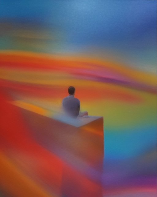Das Bild zeigt eine Person, die auf einer erhöhten Plattform sitzt und auf einen weiten, farbenfrohen Horizont blickt. Die Farbpalette des Bildes ist sehr lebendig und reicht von warmen Rottönen und Orangetönen bis hin zu kühlen Blau- und Violetttönen, was eine atmosphärische und nachdenkliche Stimmung erzeugt. Es könnte sich um eine Darstellung von Kontemplation, Ruhe oder dem Blick in die Zukunft handeln.