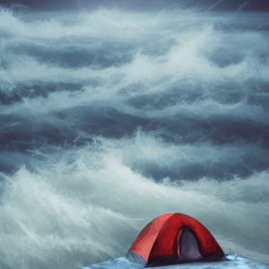 Das Bild zeigt ein kleines, rotes Zelt, das scheinbar inmitten von stürmischen, hohen Wellen oder einer turbulenten Wasserfläche steht. Die Szene vermittelt den Eindruck einer rauen und herausfordernden Umgebung, in der das Zelt den Elementen ausgesetzt ist