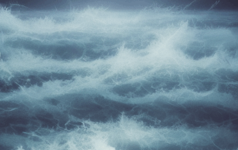 Das Bild zeigt ein kleines, rotes Zelt, das scheinbar inmitten von stürmischen, hohen Wellen oder einer turbulenten Wasserfläche steht. Die Szene vermittelt den Eindruck einer rauen und herausfordernden Umgebung, in der das Zelt den Elementen ausgesetzt ist