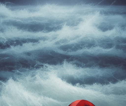 Das Bild zeigt ein kleines, rotes Zelt, das scheinbar inmitten von stürmischen, hohen Wellen oder einer turbulenten Wasserfläche steht. Die Szene vermittelt den Eindruck einer rauen und herausfordernden Umgebung, in der das Zelt den Elementen ausgesetzt ist