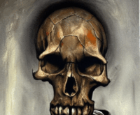 Bild einer Person mit sehr großem Totenkopf, die eine rote Karte in der Hand hält.