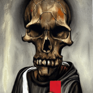 Bild einer Person mit sehr großem Totenkopf, die eine rote Karte in der Hand hält.
