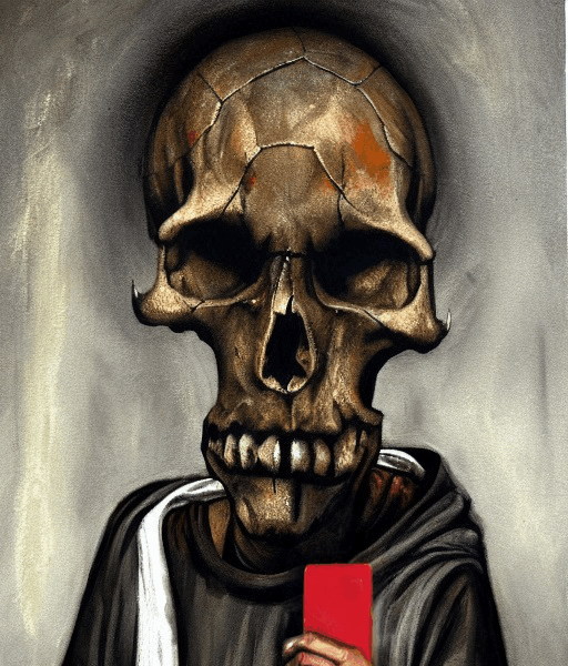 Bild einer Person mit sehr großem Totenkopf, die eine rote Karte in der Hand hält.