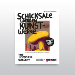 Quatrtatischer weißer Katalog, mit dem Bild eines großen gelben Pilzes und in schwarz der Titel "Schicksale werden Kunstwerke"