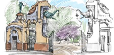 Eine Buntstiftzeichnung des Hagenbeck-Portals