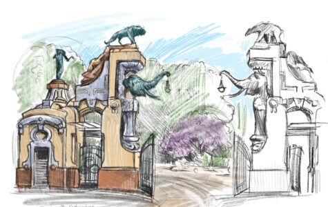 Eine Buntstiftzeichnung des Hagenbeck-Portals