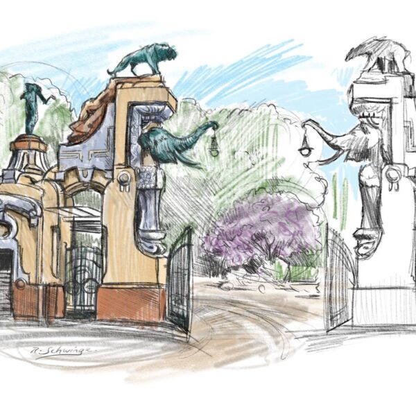 Eine Buntstiftzeichnung des Hagenbeck-Portals