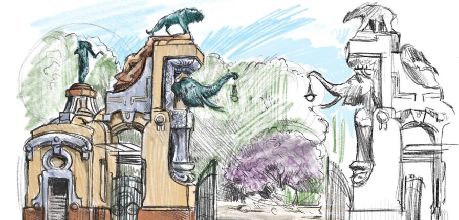 Eine Buntstiftzeichnung des Hagenbeck-Portals