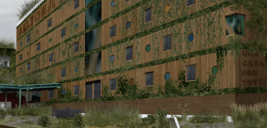 Ein holzvertäfeltes Haus mit viel Grün an der Fassade, darauf die Aufschrift "Una casa per tutti"