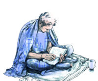 Eine Illustration von einem lesenden Mann, der auf dem Boden sitzt