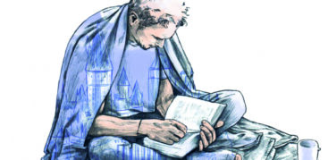 Eine Illustration von einem lesenden Mann, der auf dem Boden sitzt