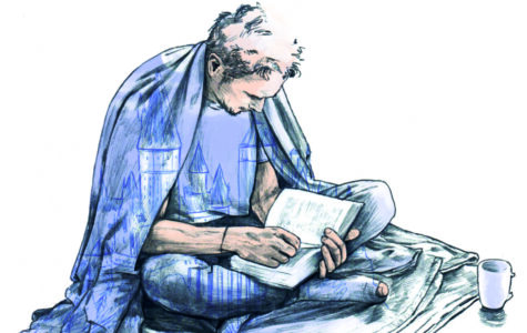 Eine Illustration von einem lesenden Mann, der auf dem Boden sitzt