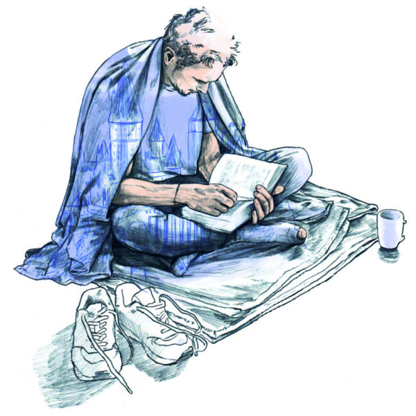 Eine Illustration von einem lesenden Mann, der auf dem Boden sitzt