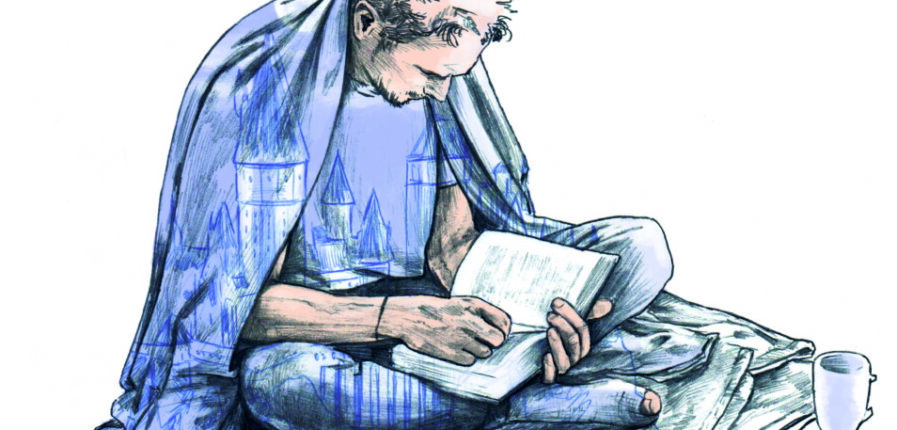 Eine Illustration von einem lesenden Mann, der auf dem Boden sitzt