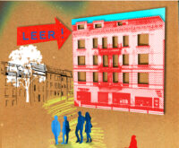 Eine Illustration zeigt eine Häuserfront, darauf zeigt ein Pfeil, auf dem "Leer!" steht