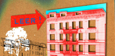 Eine Illustration zeigt eine Häuserfront, darauf zeigt ein Pfeil, auf dem "Leer!" steht