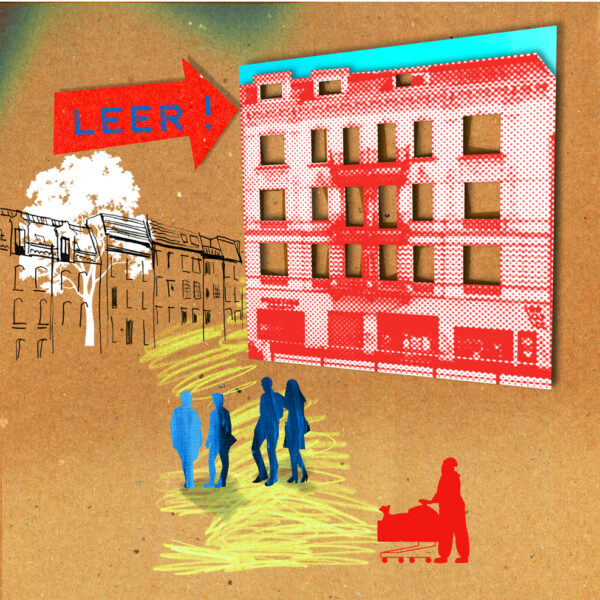 Eine Illustration zeigt eine Häuserfront, darauf zeigt ein Pfeil, auf dem "Leer!" steht