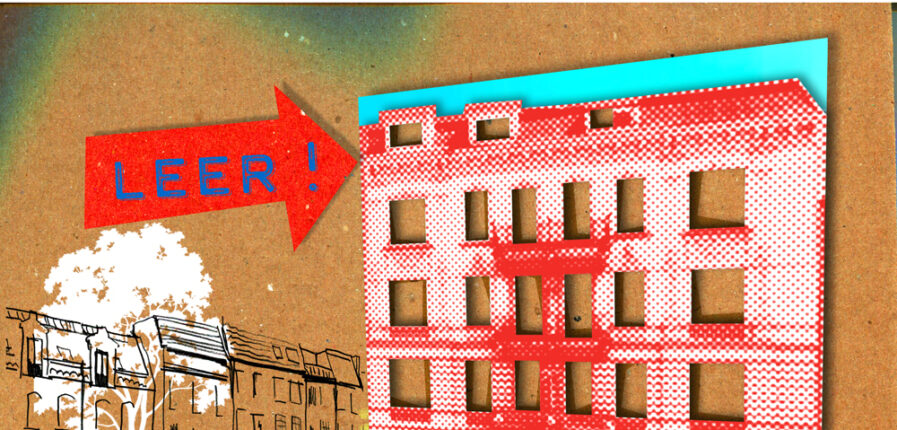 Eine Illustration zeigt eine Häuserfront, darauf zeigt ein Pfeil, auf dem "Leer!" steht