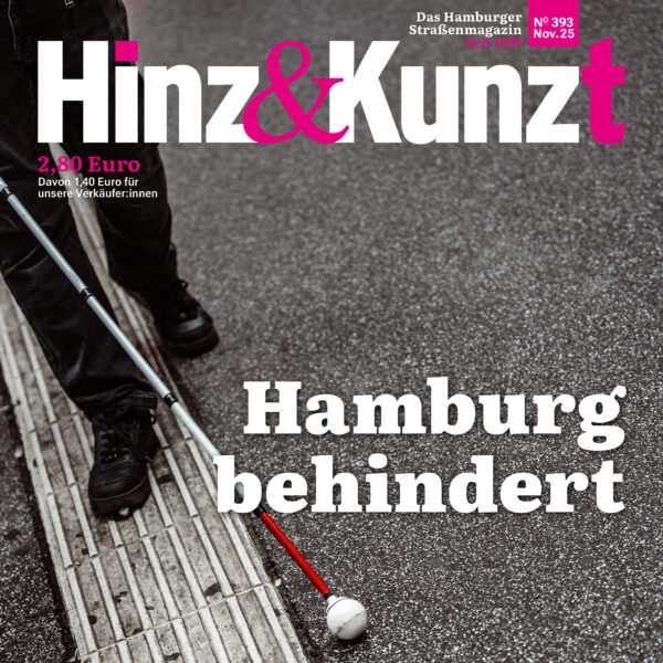 Jemand geht mit einem Taststock an einem Leitstreifen entlang, darüber die Zeile "Hamburg behindert"