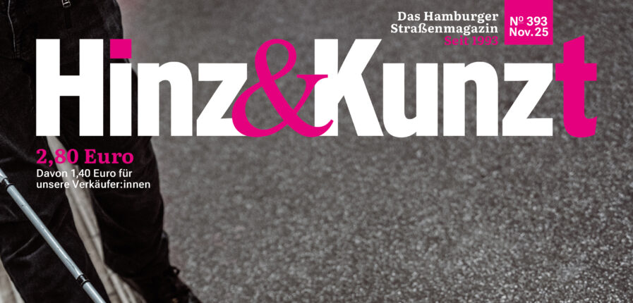 Jemand geht mit einem Taststock an einem Leitstreifen entlang, darüber die Zeile "Hamburg behindert"